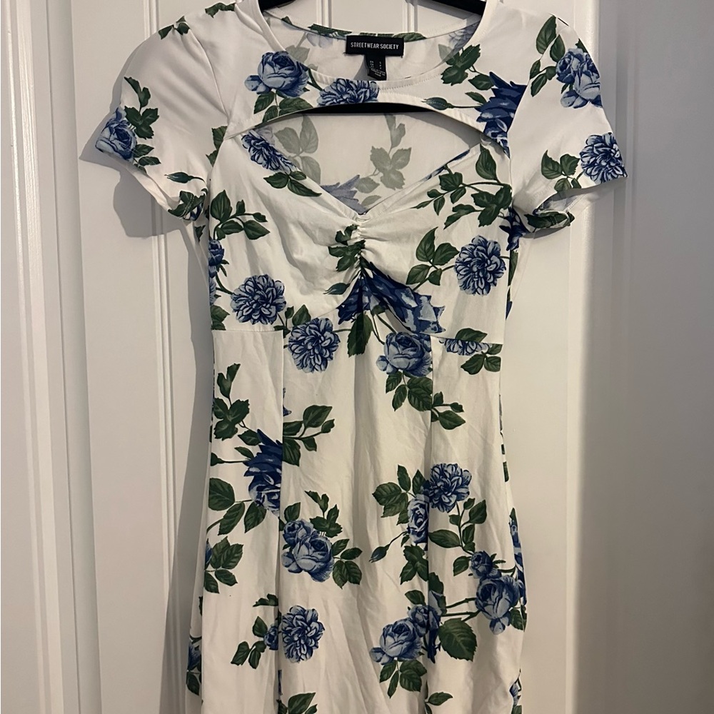 White Floral Dress with Blue and Green Accents